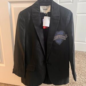NWT New $578 Zadig & Voltaire Black Viva Heart Strass Linen Blazer Size 34 US S